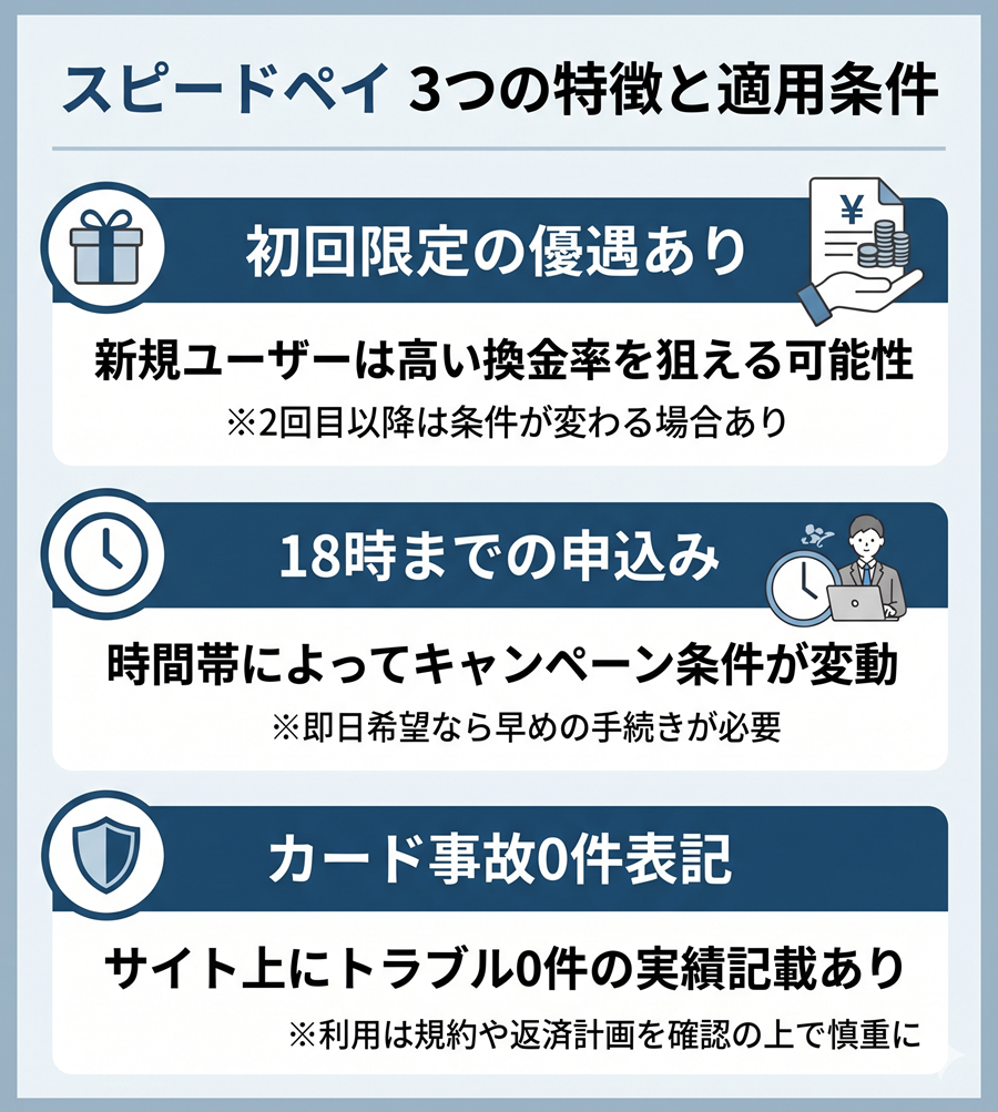 スピードペイの3つの特徴を図解。初回限定の優遇、18時までの申込み条件、カード事故0件表記についてアイコン付きで整理
